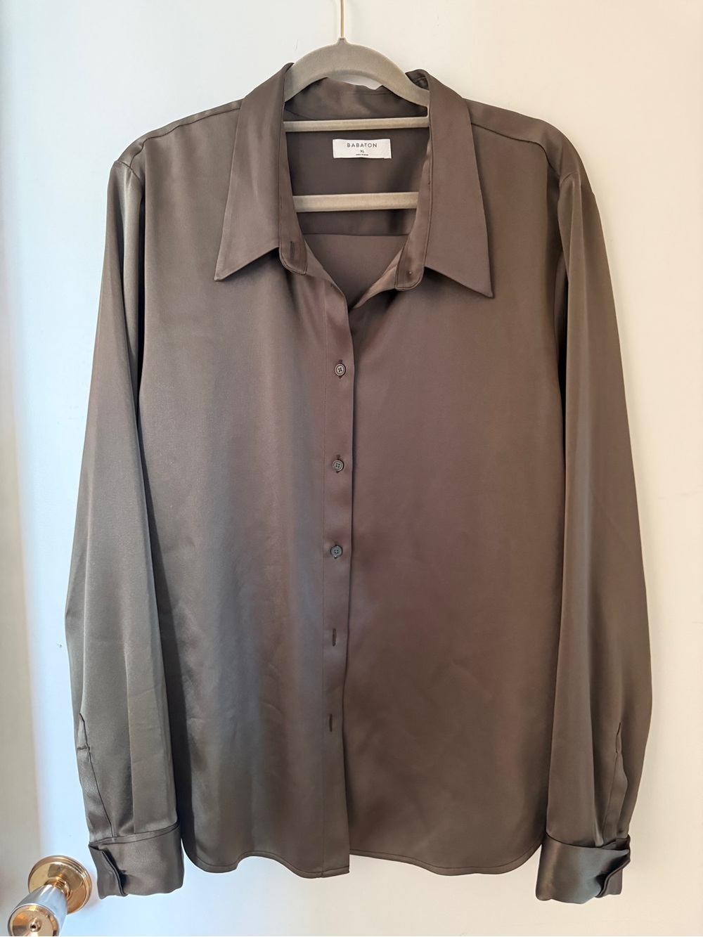 Aritzia Babaton Satin Button Up Blouse XL Olive Taupe Minimalist Quiet Luxury